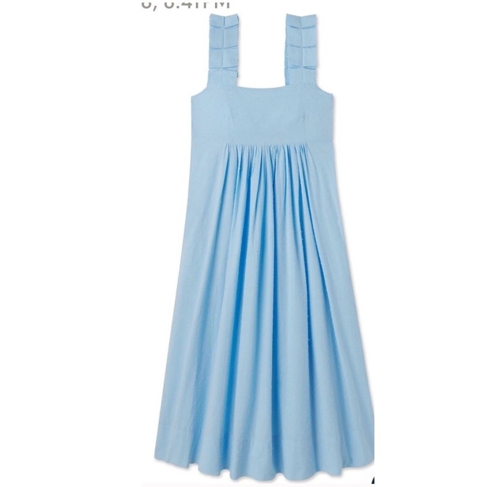 LAKE  Light Blue Swiss Dot Smocked Midi Dress Ruffle Strap‎ Square Neck - Picture 2 of 16